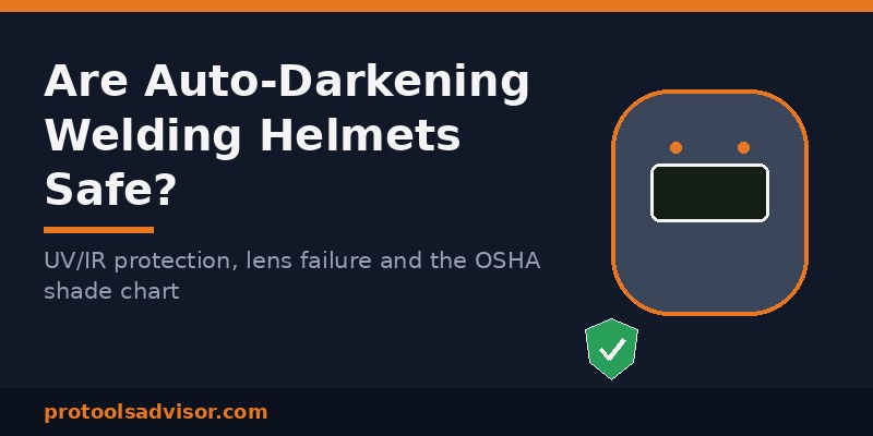 Are auto darkening welding helmets safe featured image with a helmet and a safety shield icon