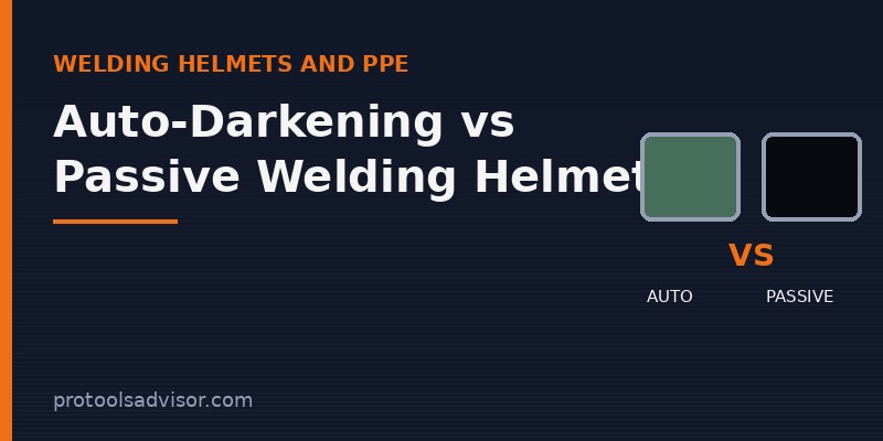 Auto darkening vs passive welding helmet featured graphic with a light lens and a dark lens